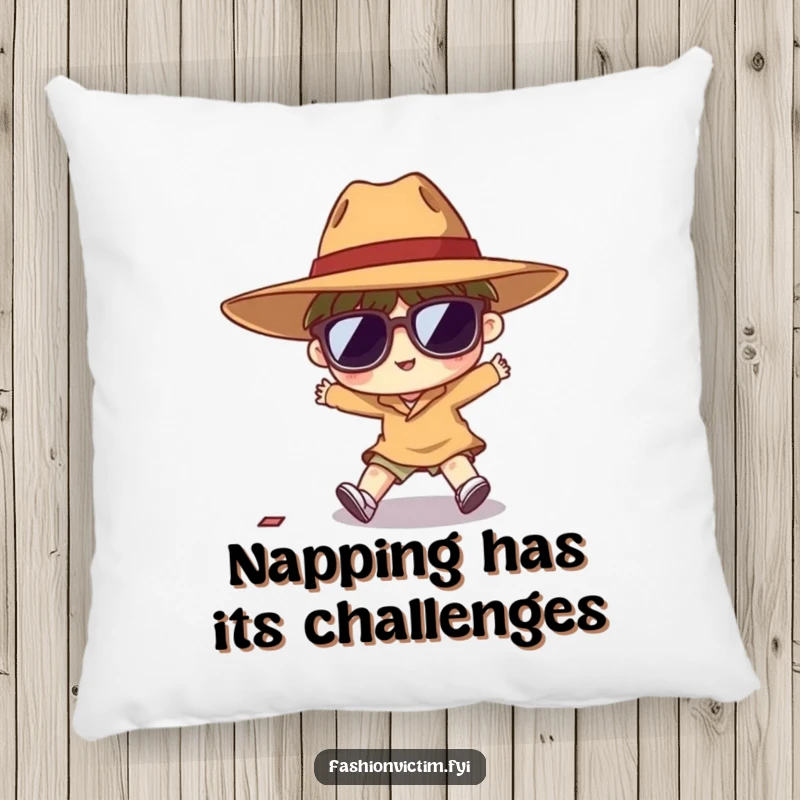Funny pillow with a smiling tiny character comically tripping while wearing a huge hat and oversized sunglasses, perfect for decor.