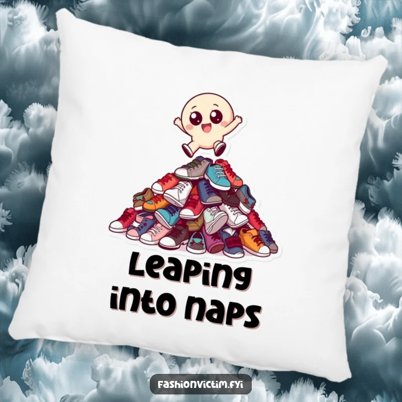 Funny pillow featuring a small, round character with big eyes joyfully leaping over a towering pile of mismatched shoes.