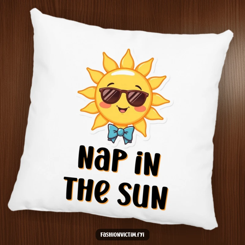 Funny pillow with a cheerful smiling sun wearing sunglasses and a bowtie. Soft, humorous decor.