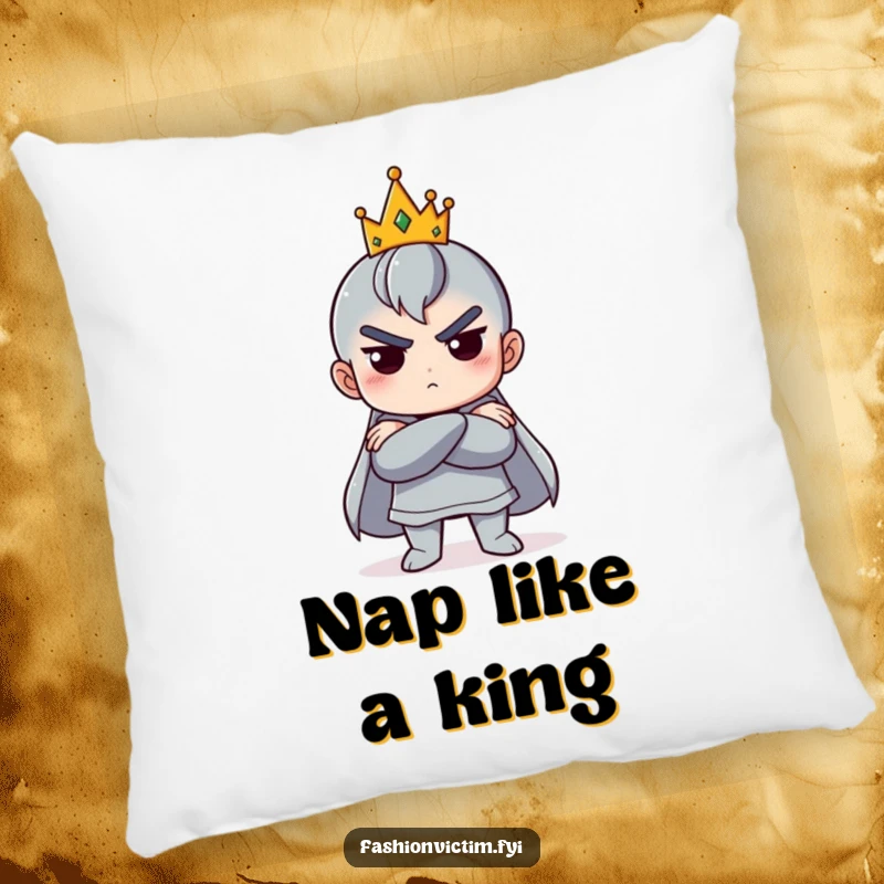 Funny decorative pillow featuring a character with arms crossed and a small, tilted crown, bringing humorous regal charm.