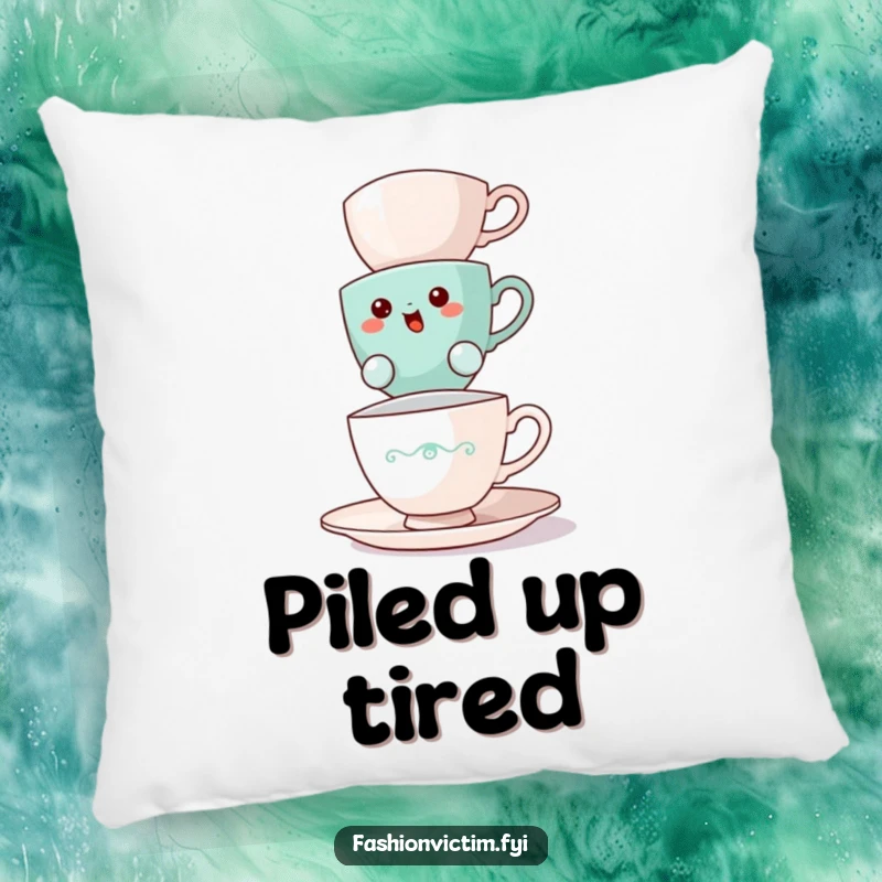 Funny teacup pillow, a bewildered teacup precariously balancing teacups, soft and decorative.