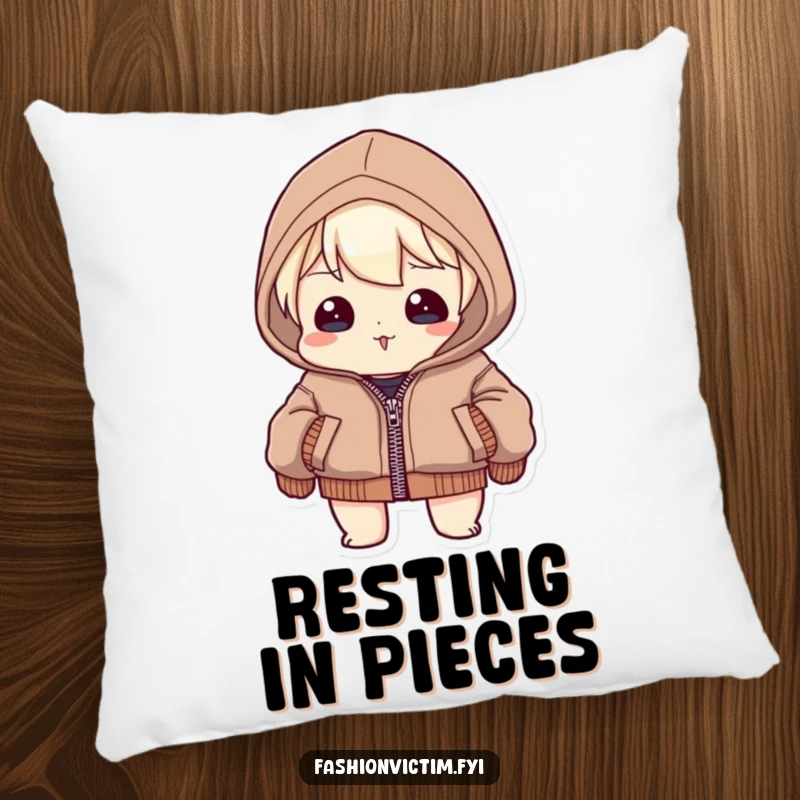 Funny Pillow: A character attempting to zip a jacket that is comically undersized, seams visibly straining, a humorous accent piece.