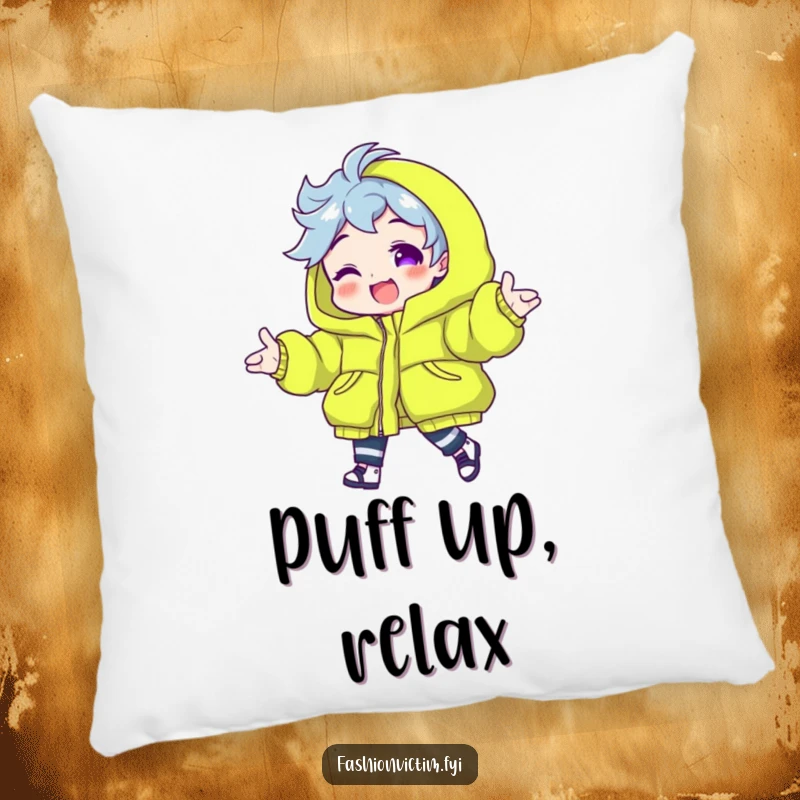 Funny pillow with a character modeling a neon green puffy jacket, offering comfort and a humorous nod to vibrant fashion.