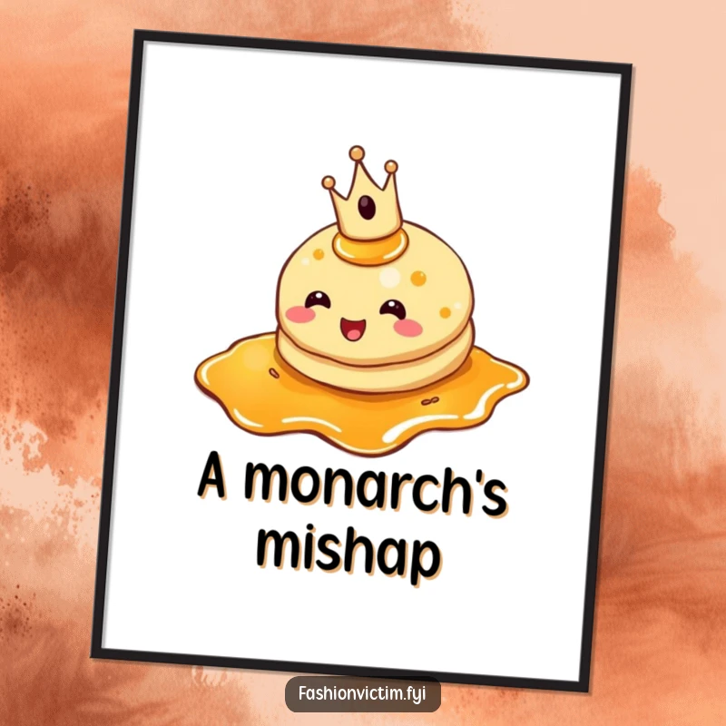 Funny pancake digital art print, a crowned pancake tripping in syrup, instant breakfast themed wall decor.