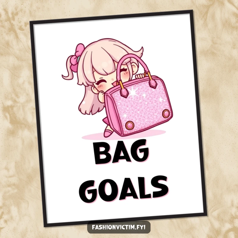 Funny digital art print of a character humorously struggling with a massive, sparkly handbag, for instant decor.