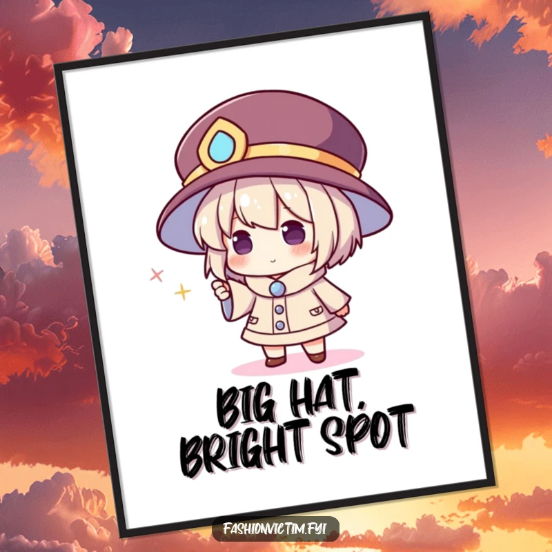 Funny digital art print of a character in a giant hat pointing at a tiny, sparkling accessory, ideal for humorous wall decor.