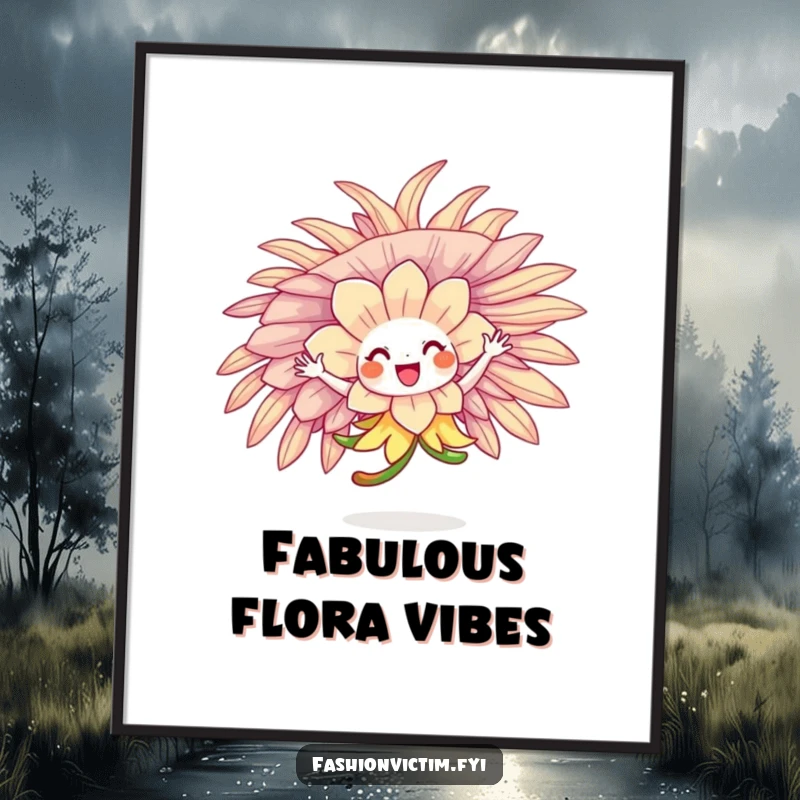 Funny flower character joyfully twirling in a ridiculously large, feathered hat, available as a digital art print.