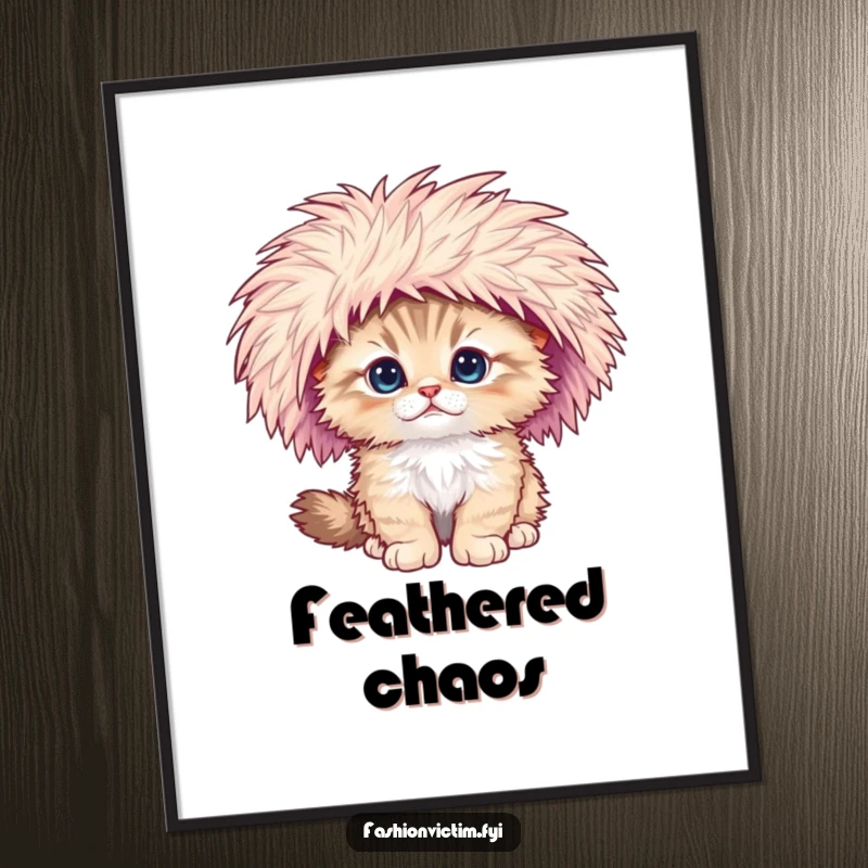 Funny digital art print of a fluffy kitten falling over, wearing an oversized feathered hat.