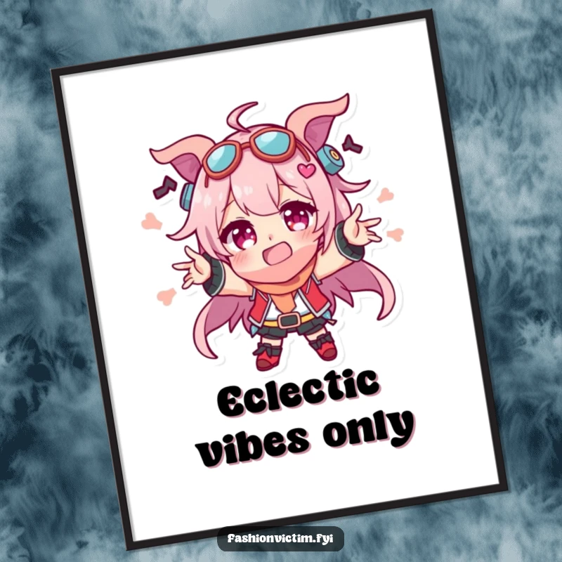 Funny digital art print of a character gesturing animatedly, covered in a comical array of mismatched accessories, radiating hilarious and unique energy.