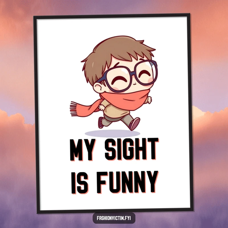 Funny digital art print of a character with exaggeratedly large glasses stumbling forward, tripping hilariously on a trailing scarf.