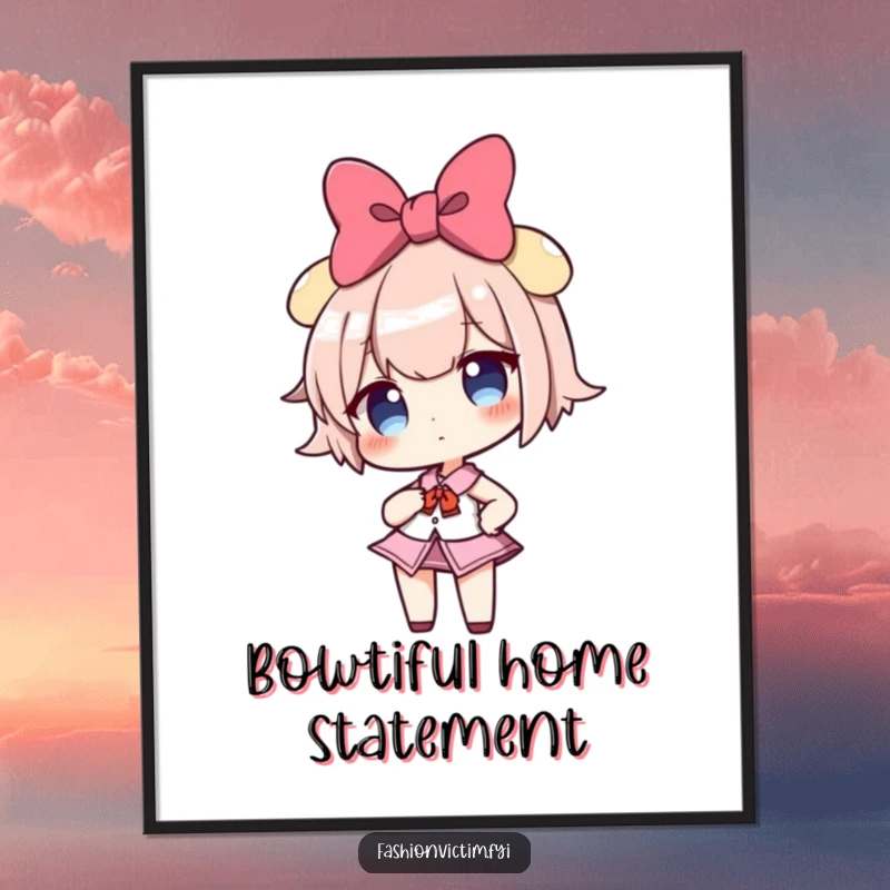 Funny digital art print of a confident girl character with a comically large bow, striking a powerful pose, for bold decor.