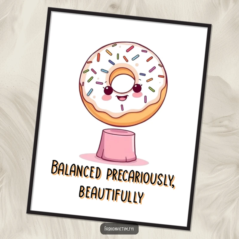 Funny digital art print of a dramatic donut with sprinkles striking a pose on a tiny, unsteady pedestal for instant wall humor.