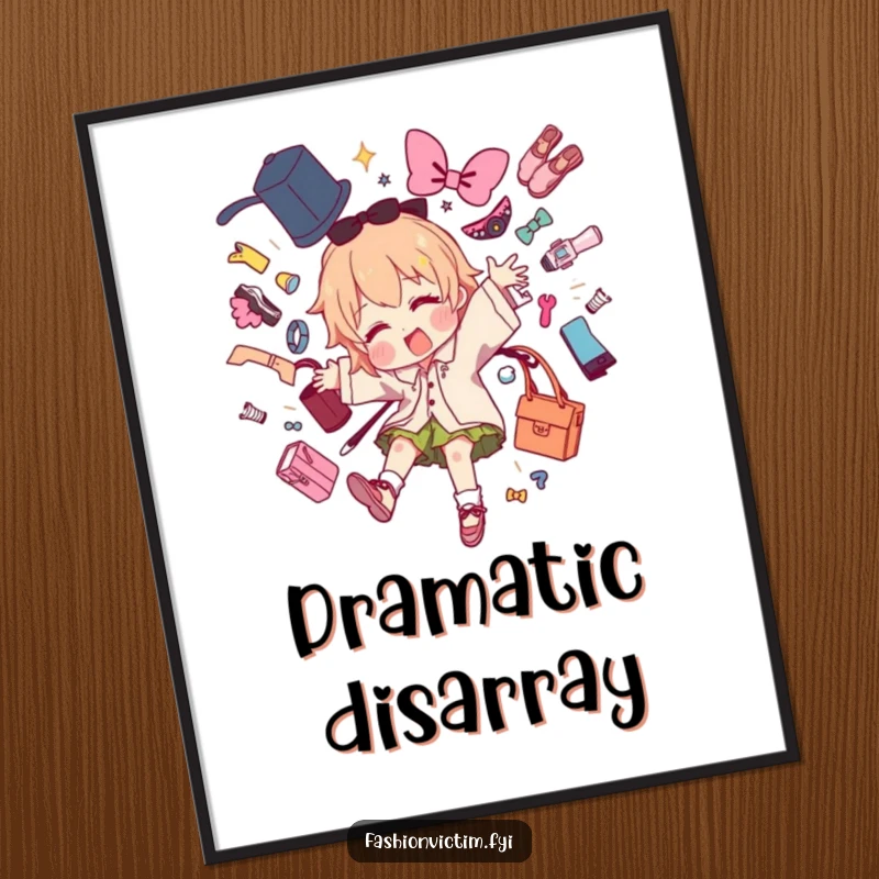 Funny digital art print of a character dramatically tripping and scattering fashion items, perfect for adding humorous flair.