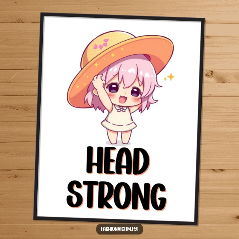 Funny digital art print of a character playfully wearing a giant sequined hat, a high-resolution humorous artwork.