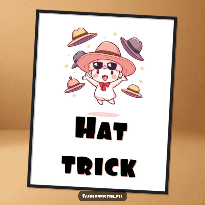 Funny digital art print of a small cloudburst character happily juggling oversized fashionable hats, showcasing whimsical and humorous style.