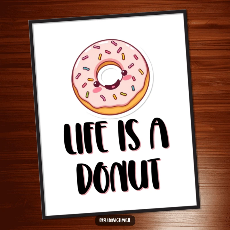 Funny Kawaii donut digital art print, a cheerful donut spinning with sprinkles, offering instant sweet humor for home decoration.
