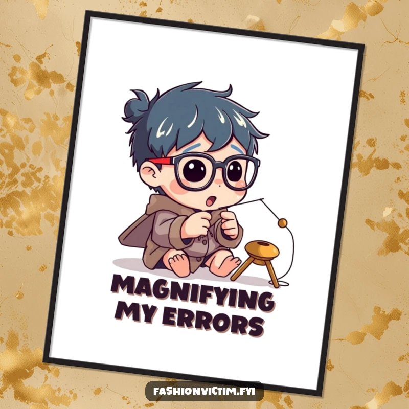 Funny digital art print of a character enthusiastically trying to thread a tiny needle while wearing comically large spectacles.