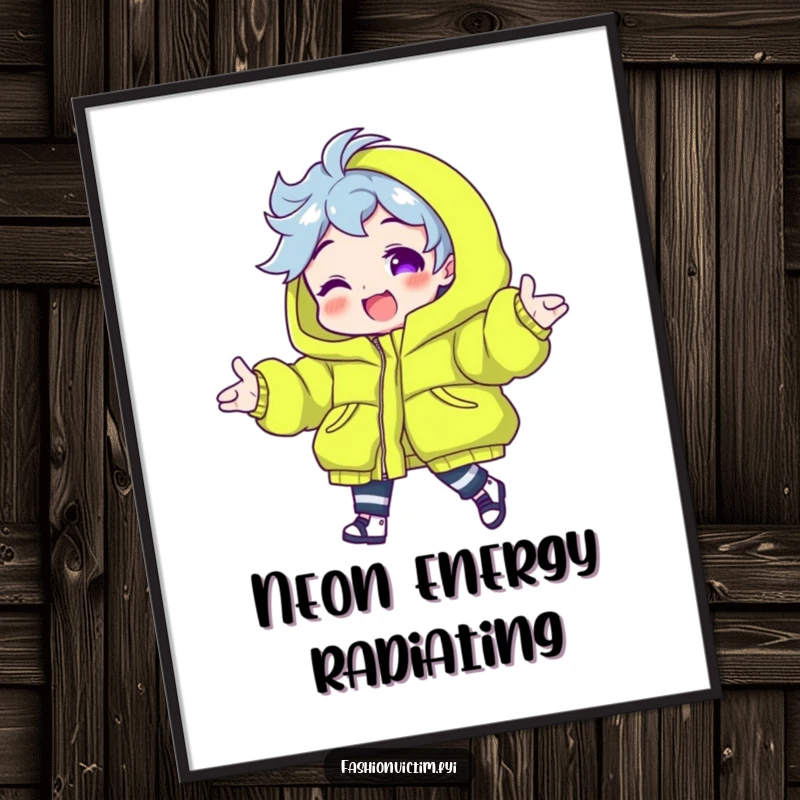 Funny digital art print of a character modeling a neon green puffy jacket, perfect for adding vibrant fashion and humor to walls.