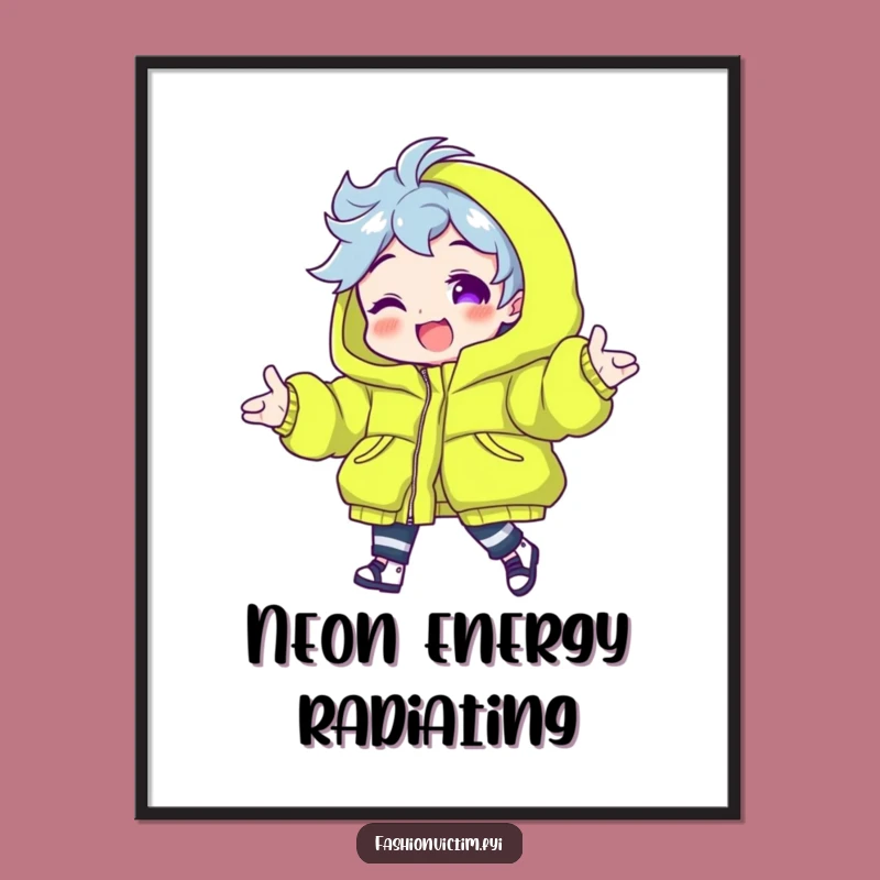 Funny Neon Puffy Jacket Digital Art Print. Bring vibrant style home.