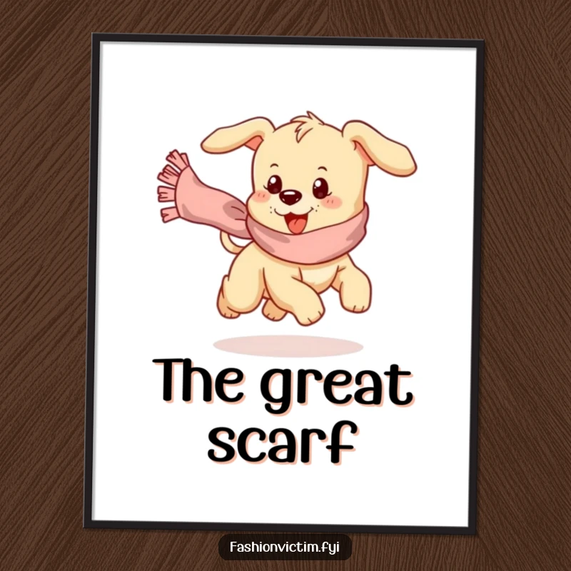 Funny digital art print of a playful puppy comically chasing a runaway, frilly scarf with great enthusiasm.