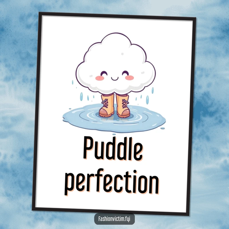 Funny digital art print of a smiling rain cloud character happily splashing in a puddle while wearing stylish boots.