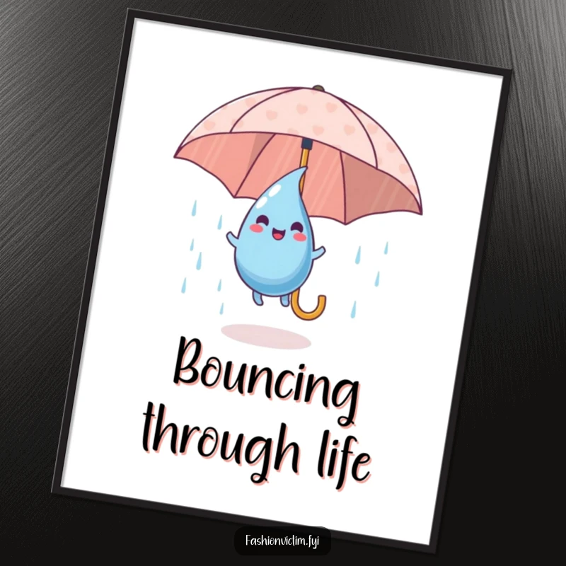 Funny Digital Art Print of a playful raindrop character happily bouncing on a patterned umbrella, celebrating wet weather.