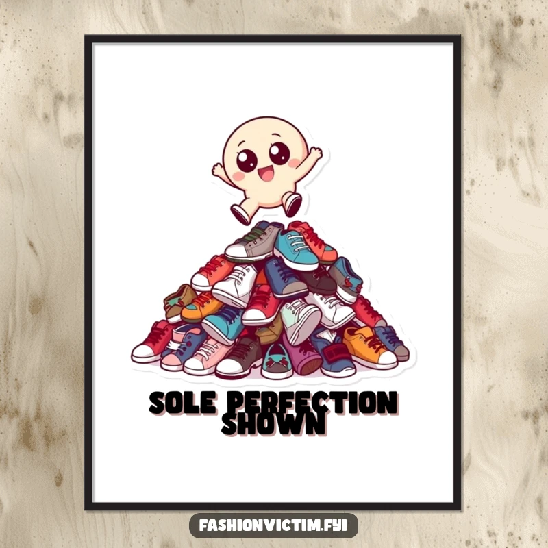 Funny digital art print of a small, round character with big eyes joyfully leaping over a towering pile of mismatched shoes.