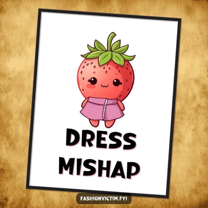 Funny digital art print of a shy strawberry wearing a fashionable dress with a ripped seam, looking endearingly embarrassed.