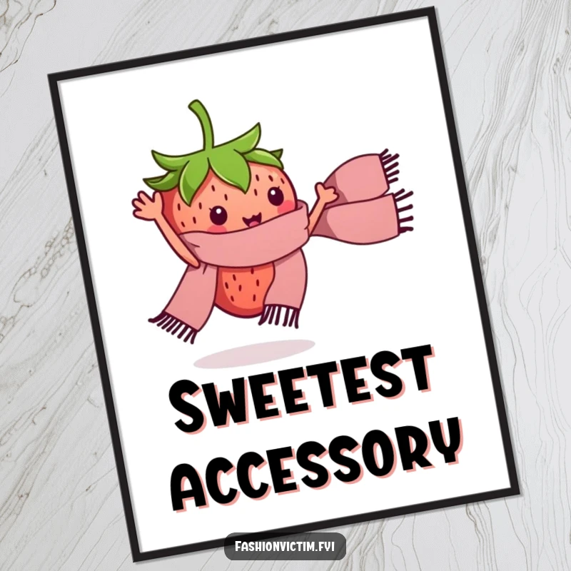 Funny digital art print of a tiny strawberry character waving a miniature stylish scarf. Humorous wall decor.