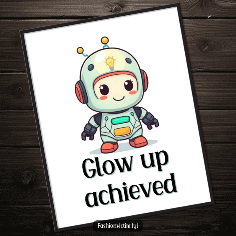 Funny digital art print of a cute robot with a lightbulb head looking very pleased. Humorous wall decor.