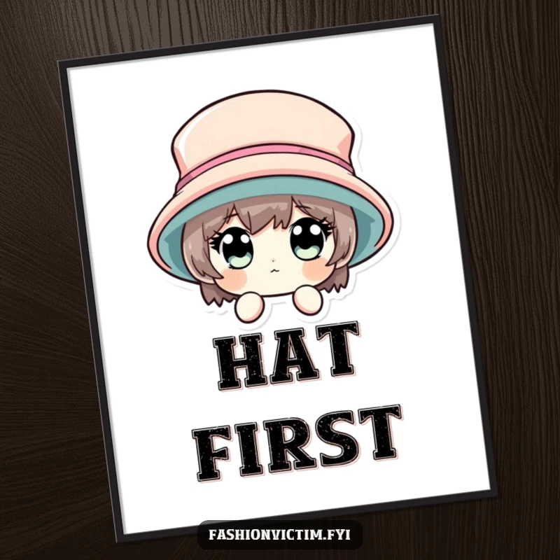 Funny digital art print of a character's wide eyes peeking from behind a massive hat, for instant decor.