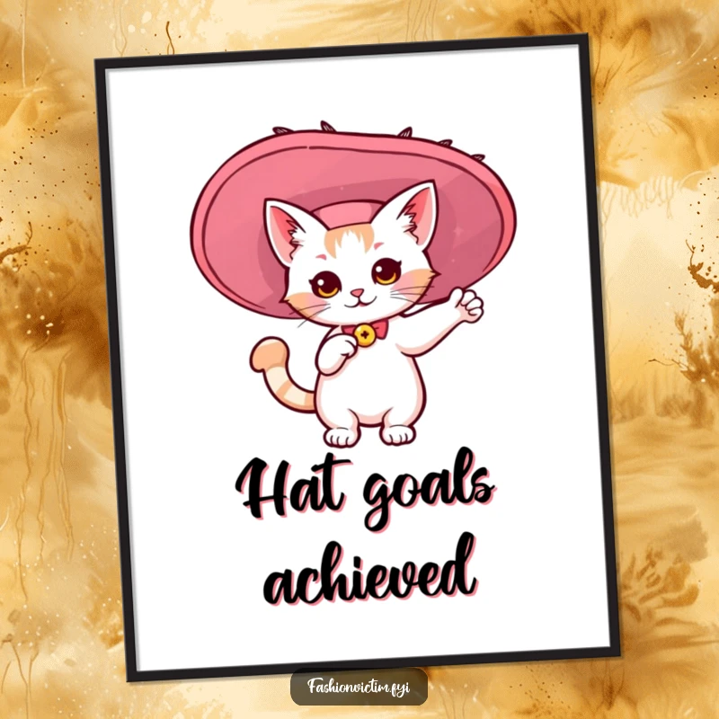 Funny digital art print of a kawaii cat dramatically posing in a giant, flamboyant hat. Humorous wall decor.