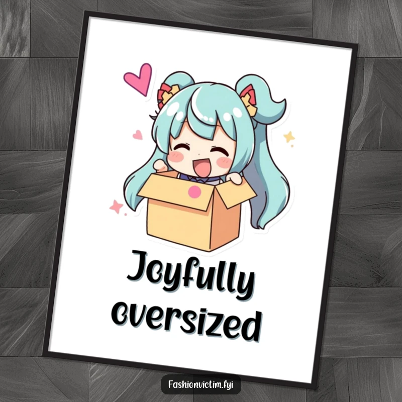 Funny Digital Art Print: Character ecstatically unboxing an oversized, brightly colored accessory, capturing pure joy and excitement.
