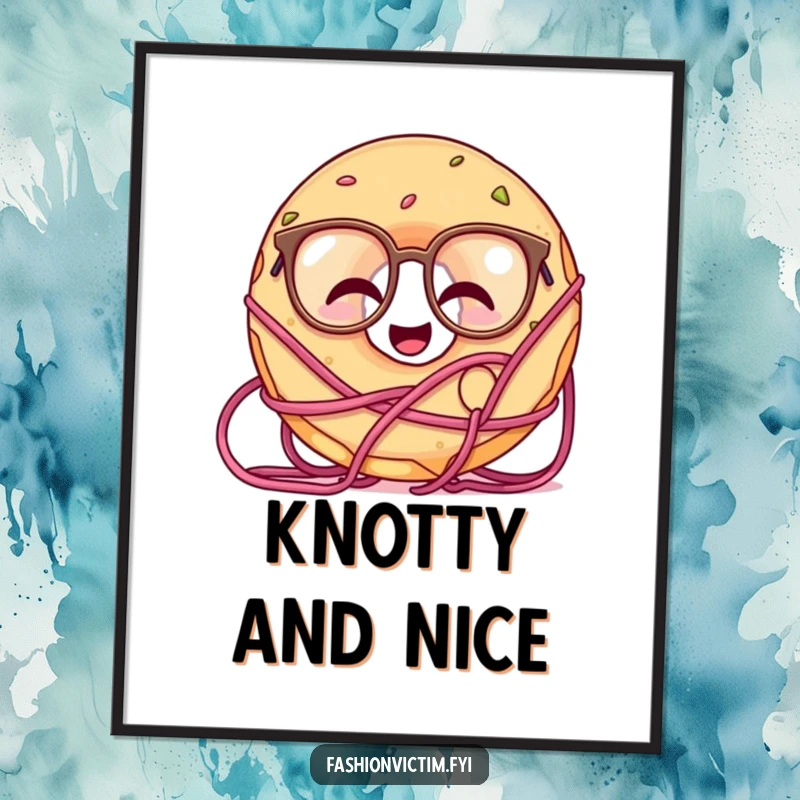 Funny digital art print of a giggling doughnut wearing oversized glasses, joyfully tangled in skeins of yarn.