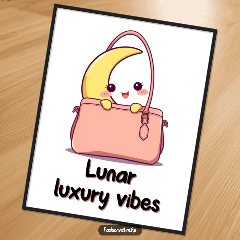 Funny happy crescent moon character peeking from behind a stylish handbag, rendered as a humorous and charming digital art print.