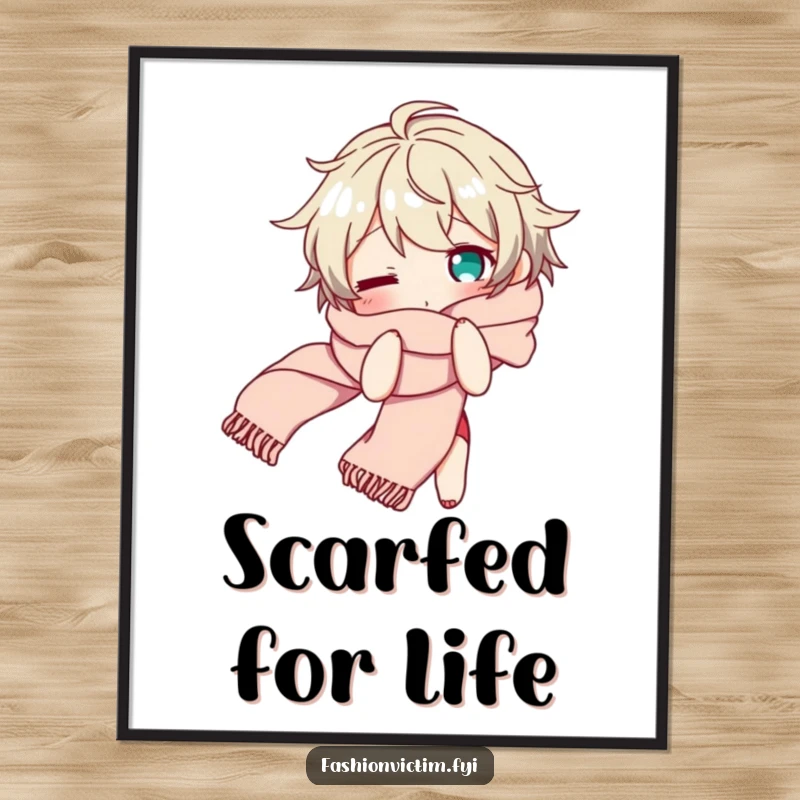 Funny digital art print of a character looking bewildered while tangled in a long, flowing scarf, a high-resolution humorous artwork.