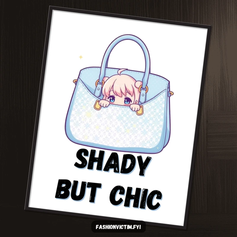 Funny digital art print of a character playfully peeking from behind an oversized, glittering handbag, perfect for instant humorous decor.