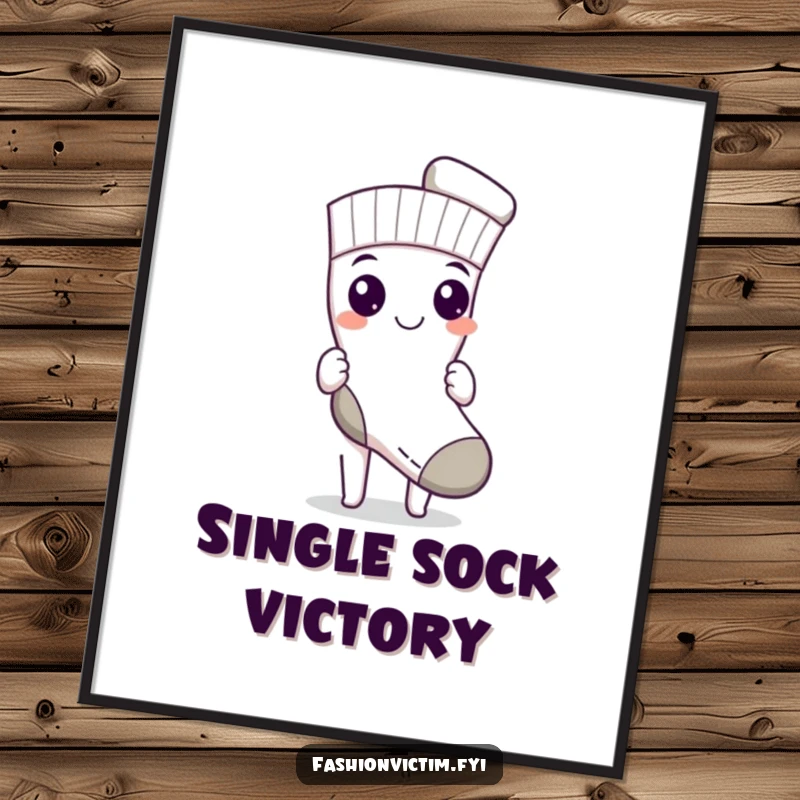 Funny digital art print of a character with a triumphant grin, proudly displaying a single, perfectly matched sock.