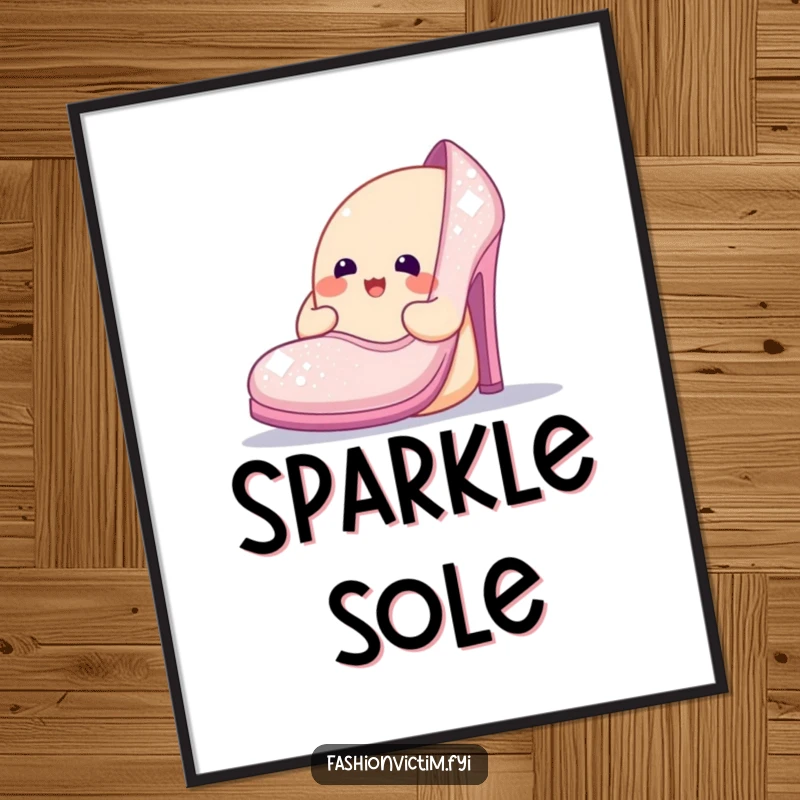 Funny digital art print of a cheerful blob character admiring an oversized, sparkly shoe, embodying glamorous fascination and humor.