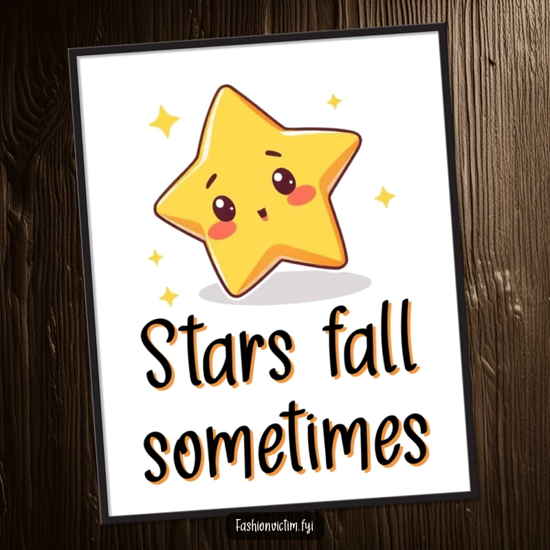 Funny digital art print of a cute star character tripping over its own sparkle with a surprised expression, perfect for creating a fun atmosphere.