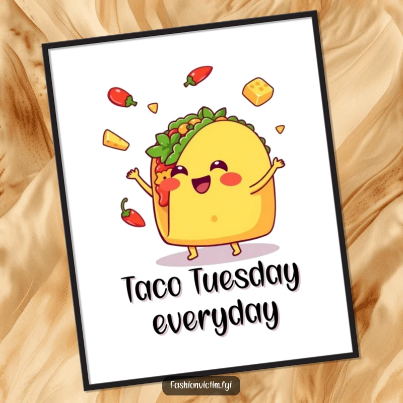 Funny Kawaii taco digital art print, a taco joyfully juggling, offering instant vibrant humor for home decoration.
