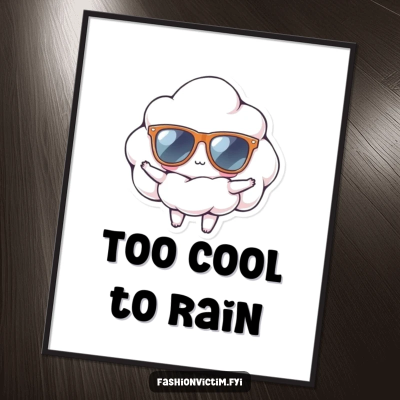 Funny digital art print of a tiny cloud wearing oversized sunglasses, striking a confident pose, perfect for creating a cool and stylish atmosphere.
