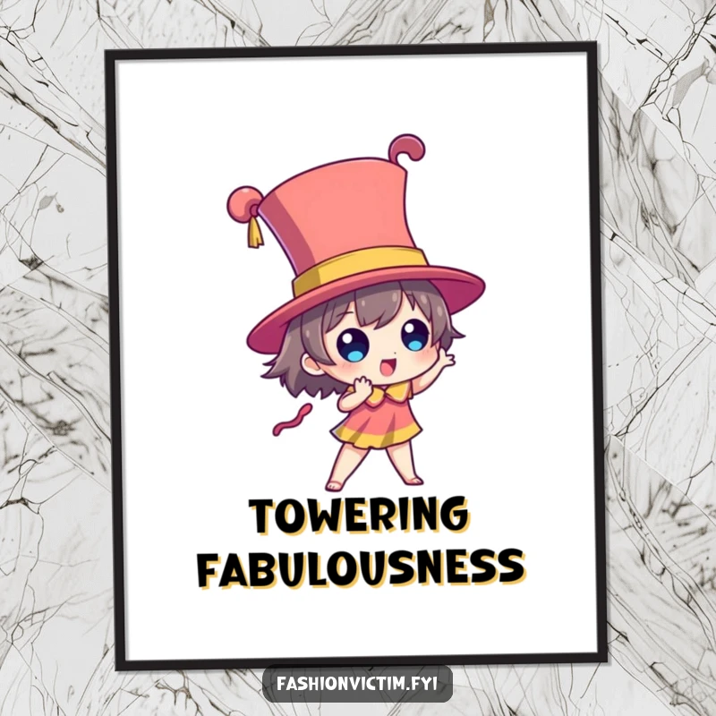 Funny digital art print of a character posing dramatically with a towering, brightly colored hat, perfect for statement art.