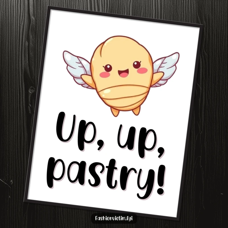 Funny digital art of a smiling croissant character with small wings, flying joyfully. Instant whimsical pastry decor for your space.