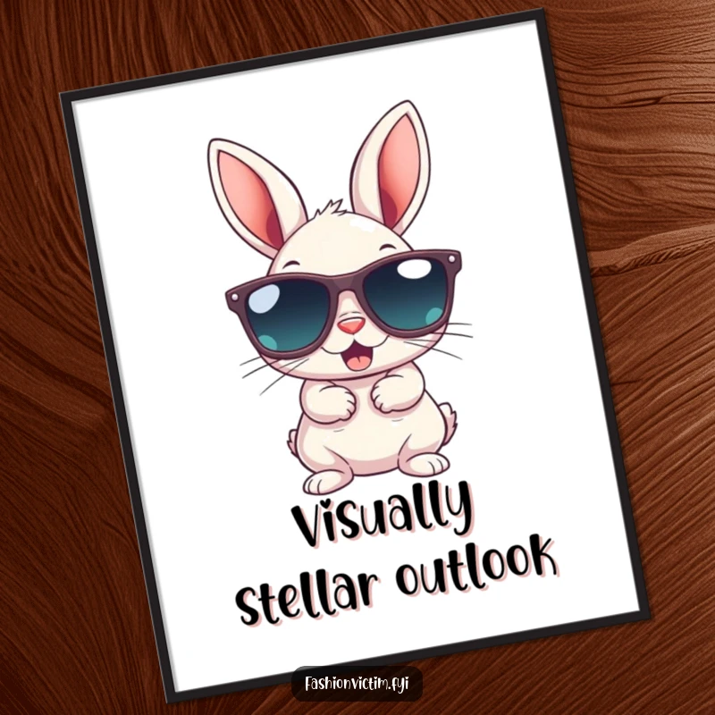 Funny digital art print of a small bunny gleefully wearing oversized sunglasses; captures the essence of cool and humorous animal charm.