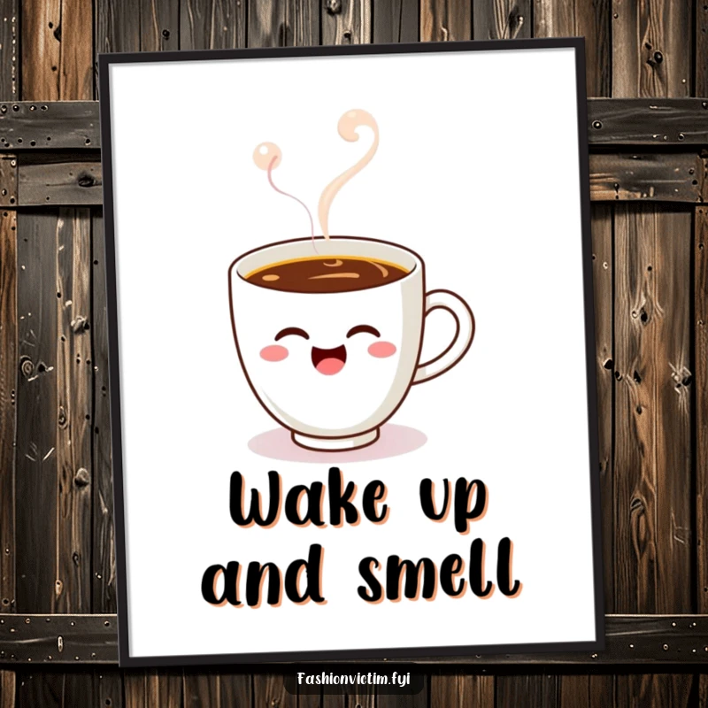 Funny Kawaii coffee cup digital art print, a winking cup in steam, offering instant cheerful humor for home decoration.