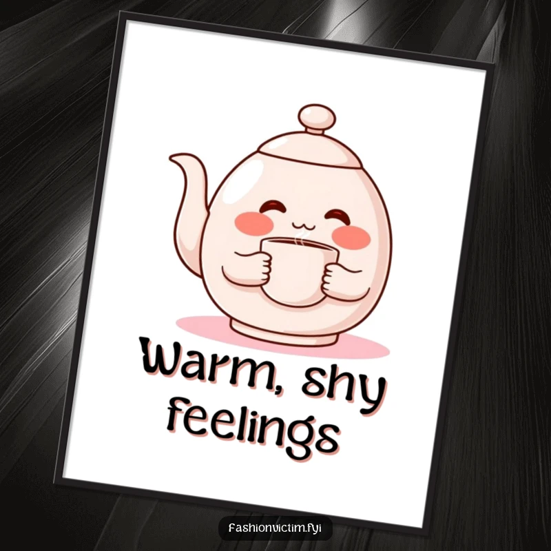 Funny digital art print, a shy teapot character blushing intensely, holding a steaming cup, perfect for instant wall decor.