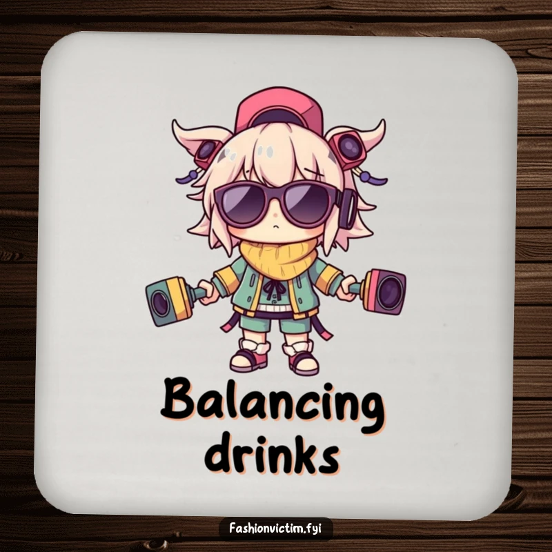 Funny drink coasters with a character balancing outlandish accessories, protecting surfaces with humor and a nod to delightful chaos.
