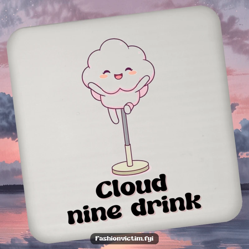 Funny drink coaster with a fluffy cloud character joyfully leaping over a mannequin leg, a functional piece of whimsical art.