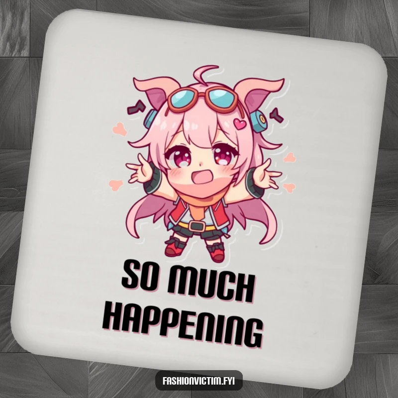 Funny drink coaster featuring a character adorning a hilarious collection of mismatched accessories, protecting surfaces with whimsical, humorous charm.